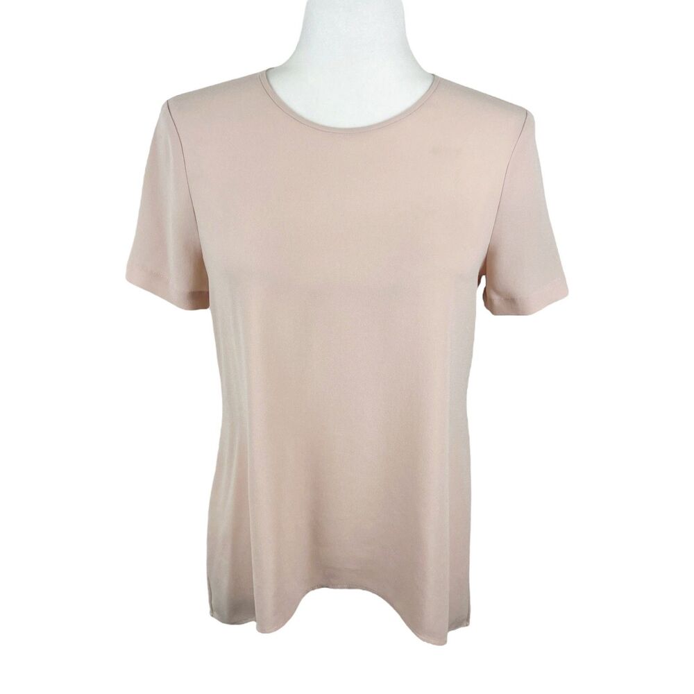 BCBG Max Azria Bare Pink Blouse Women XXS Round Neck Short Sleeve Split Back Top
